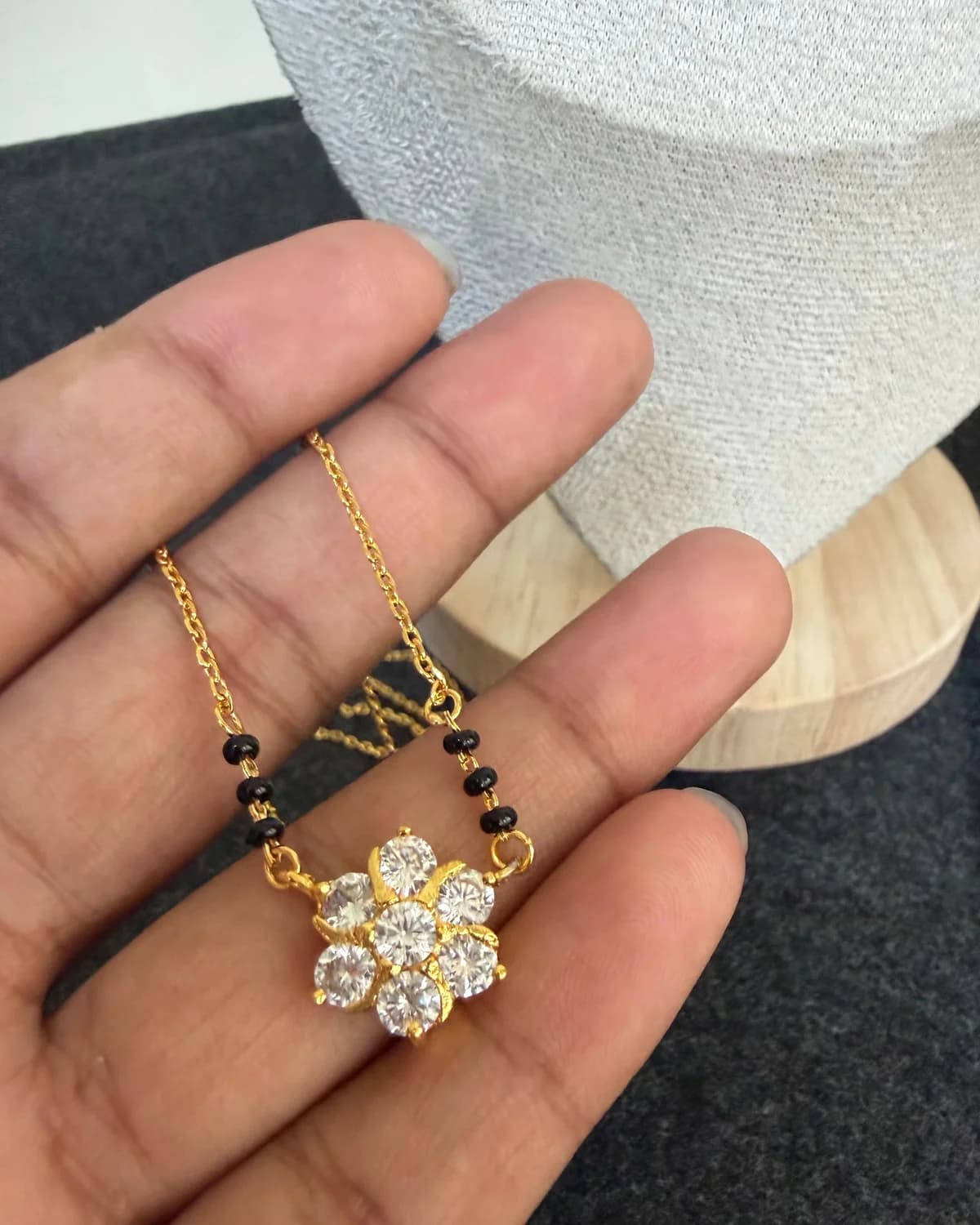 White Stone Flower Black Beads Chain